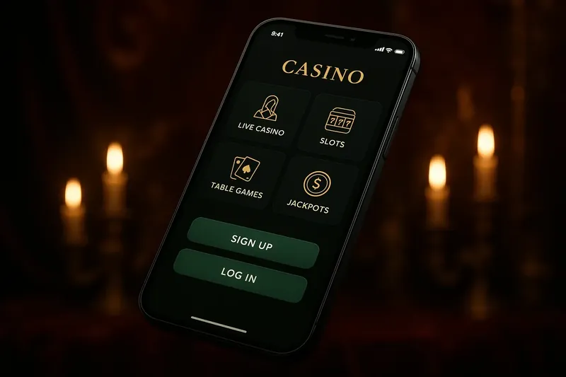 Modern smartphone showing dark premium casino app with green accents