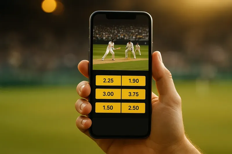 Hand holding smartphone showing live cricket match and real-time odds