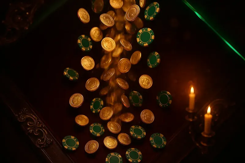 Golden coins and casino chips falling with green neon lighting