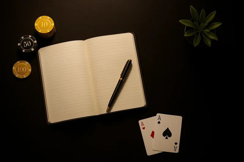 Overhead dark wood desk with notebook, pen, casino chips, cards, plant