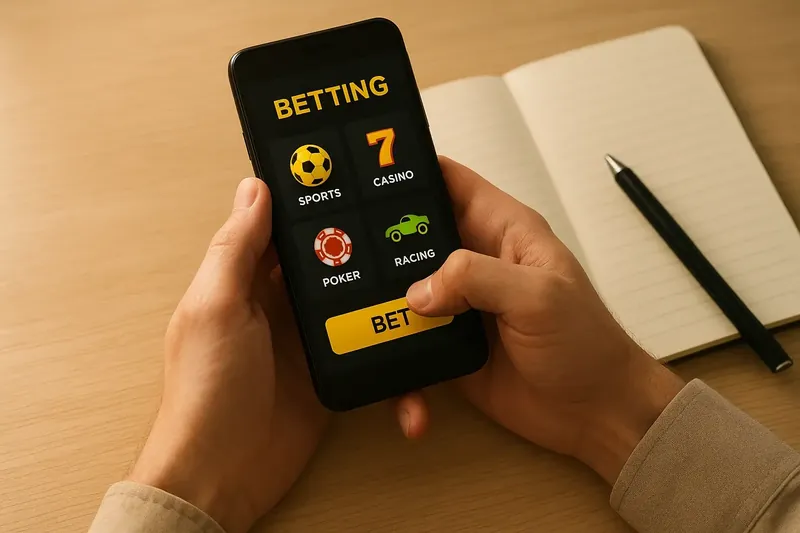 Man's hands using phone with betting app on desk