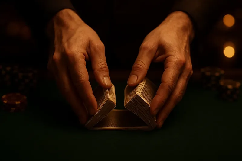Close-up of dealer hands shuffling cards above green felt table